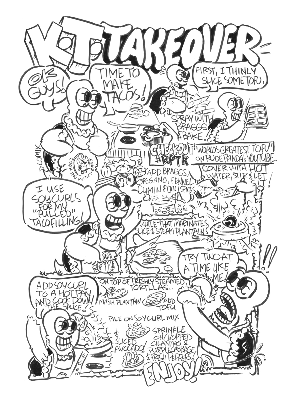 RUDE PANDA comic. Kenny the Turtle shares one of his delicious savory recipes to  with the comic readers.Just one of the tasty tacos Kenny creates, known as the TACO CUBANO. Kenny's vegan tasty treat is sure to make you drool.She's Cute But She is RUDE! Rude Panda.