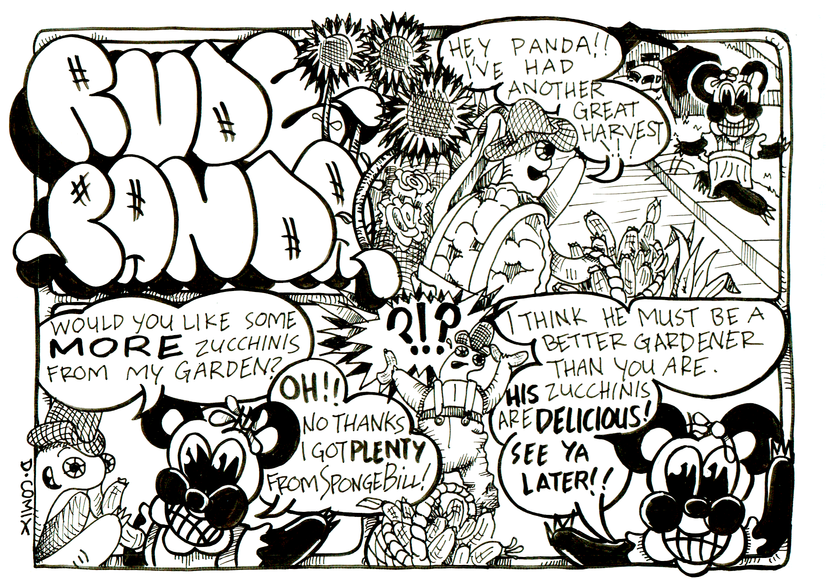 3 panel cartoon with Panda in first panel walking down the sidewalk as Kenny the Turtle says, Hey Panda! I've had another great harvest!! 2nd panel close up of Kenny the Turtle and Panda as Kenny asks, Would you like some more zucchinis from my garden? and panda replise OH! No thanks, I got plenty from sponge bill.3rd panel shows Kenny confused holding his zucchinis up in the air as Panda walks away and says, I think he must be a better gardener than you. His zucchinis are delicious! See ya later!